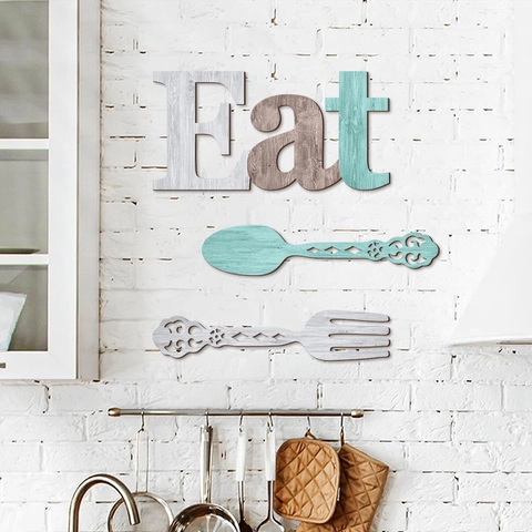 Rustic Poplar Wood Eat Sign Wall Decor With Spoon And Fork Hollow Out Designs Modern Kitchen Dining Room Decoration