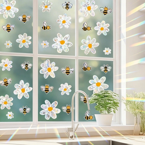 Regenbogen Prisma Fensteraufkleber Statisch Sonnenfänger Biene Und Gänseblümchen Blumen PVC Aufkleber Für Haus Fenster Dekor