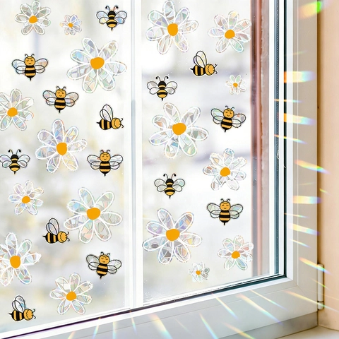 Regenbogen Prisma Fensteraufkleber Statisch Sonnenfänger Biene Und Gänseblümchen Blumen PVC Aufkleber Für Haus Fenster Dekor