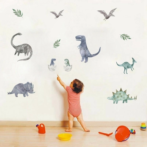 Watercolor Dinosaur Wall Stickers For Kids Room Decor Cartoon Animal PVC Self Adhesive Removable Decals For Nursery