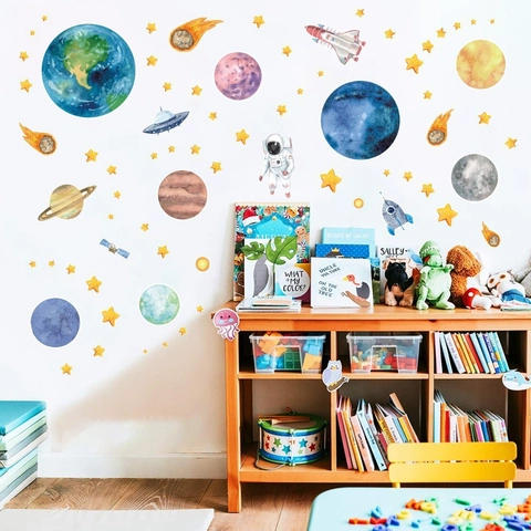 Solar System Planet Wall Stickers For Kids Room Watercolor Astronaut Rocket UFO Decals PVC Space Theme Nursery Wall Art