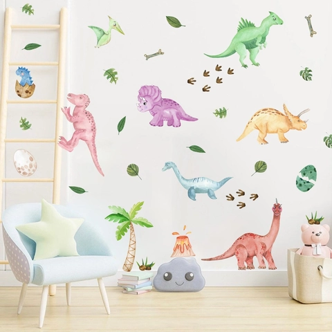 Watercolor Dinosaur Wall Stickers For Kids Room Decor Cartoon Animal PVC Self Adhesive Removable Decals For Nursery
