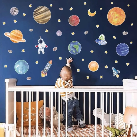 Solar System Planet Wall Stickers For Kids Room Watercolor Astronaut Rocket UFO Decals PVC Space Theme Nursery Wall Art