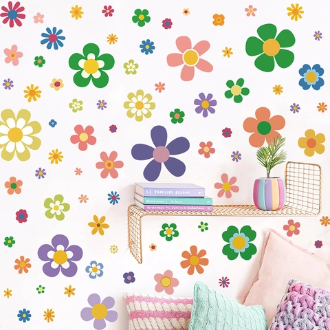 Bohemian Colorful Daisy Flower Wall Stickers For Kids Room Decor PVC Self Adhesive Floral Decals For Bedroom Living Room