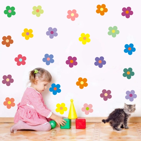 Bohemian Multicolor Daisy Flower Wall Stickers PVC Self-Adhesive Waterproof Botanical Floral Decals For Kids Room Nursery Bedroom Home Decor