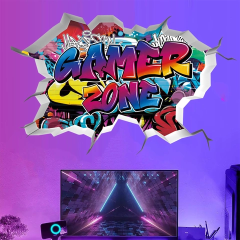 3D Gebroken Muur Gamer Zone Graffiti Muursticker Game Room E-sports Slaapkamer Decoratie Zelfklevend PVC Gaming Thema Muurschildering Poster