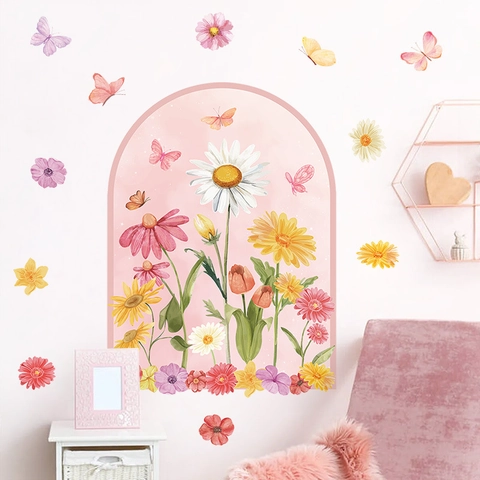 Bohemian Bogen Wandaufkleber Blumen Schmetterling PVC Selbstklebend Aquarell Blume Dekor Für Wohnzimmer Kinderzimmer