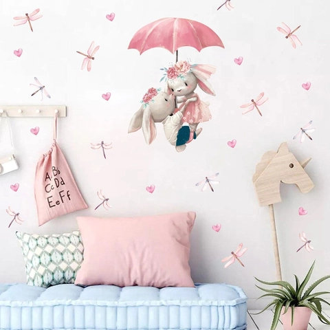 Watercolor Cartoon Rabbit Wall Stickers PVC Removable Animal Decals For Kids Nursery Baby Room Bedroom Background Wall Decor