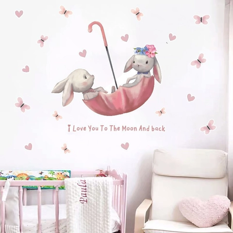 Watercolor Cartoon Rabbit Wall Stickers PVC Removable Animal Decals For Kids Nursery Baby Room Bedroom Background Wall Decor