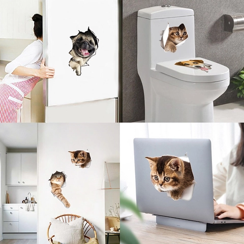 Pegatinas de Pared 3D Pared Rota Gato Perro PVC Autoadhesivas Creativas para Hogar Tapa de Inodoro Calcomanía de Laptop Arte de Animal Realista