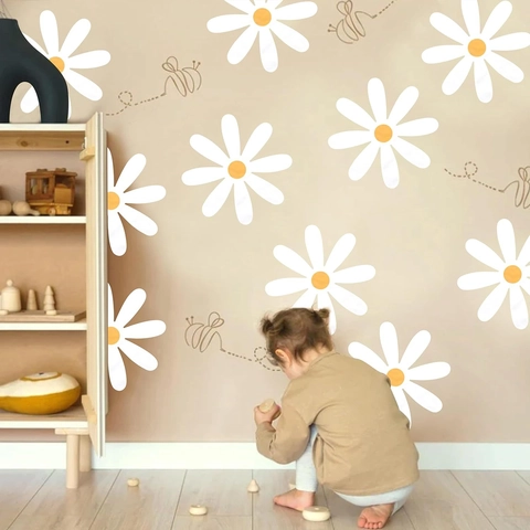Vintage Daisy Floral Wall Stickers Waterproof PVC Self-Adhesive Wall Decals For Living Room Bathroom Home Decor