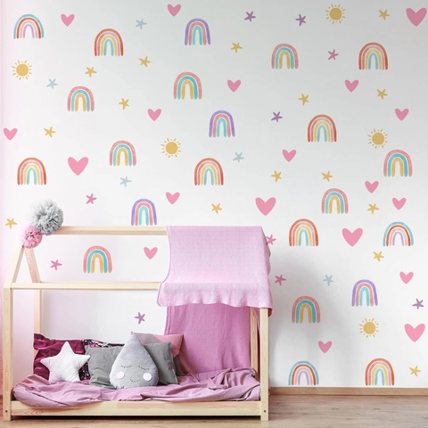 Pegatinas de Pared de Mariposa y Arco Iris de Acuarela PVC Autoadhesivas Estrella Corazón Decoración para Habitación de Niños Dormitorio de Niñas