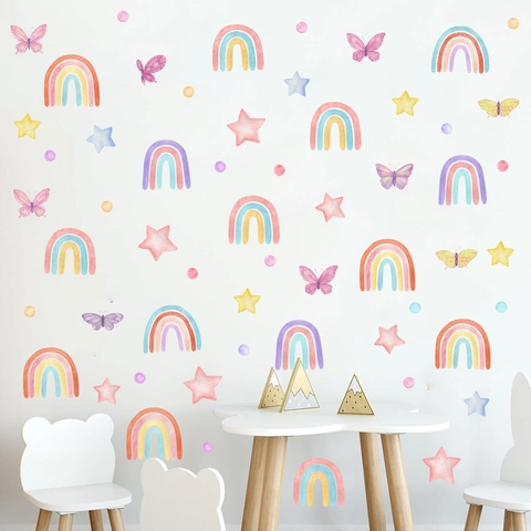 Pegatinas de Pared de Mariposa y Arco Iris de Acuarela PVC Autoadhesivas Estrella Corazón Decoración para Habitación de Niños Dormitorio de Niñas