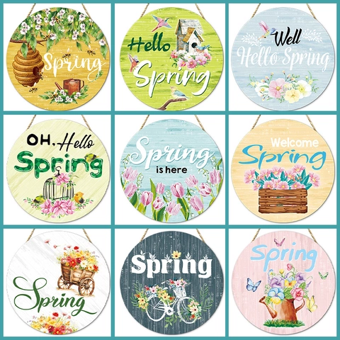 Pastoral Round Wooden Welcome Door Sign Spring Theme Floral Bee Bird Print Hanging Wall Art For Living Room Entrance Decor