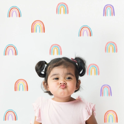 Stickers Muraux Arc-en-Ciel Aquarelle Boho PVC Imperméable Auto-Adhésif pour Chambre d'Enfant Crèche Chambre Décoration Murale