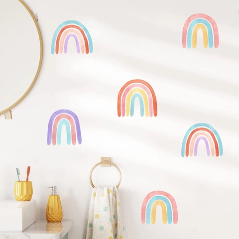 Stickers Muraux Arc-en-Ciel Aquarelle Boho PVC Imperméable Auto-Adhésif pour Chambre d'Enfant Crèche Chambre Décoration Murale