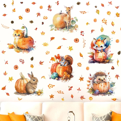 Herfst Thanksgiving Vensterstickers PVC Cartoon Bosdier Pompoen Esdoornblad Muurstickers Voor Kinderkamer Huis Decoratie