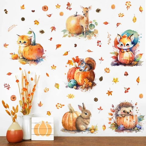 Herfst Thanksgiving Vensterstickers PVC Cartoon Bosdier Pompoen Esdoornblad Muurstickers Voor Kinderkamer Huis Decoratie