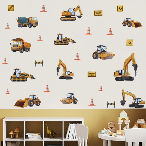 Glow In The Dark Construction Vehicle Wall Stickers For Boys Bedroom Excavator Truck Tractor Luminous PVC Wall Decals Decor