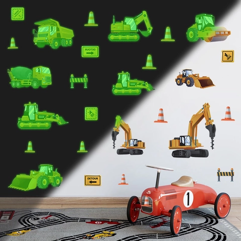 Glow In The Dark Construction Vehicle Wall Stickers For Boys Bedroom Excavator Truck Tractor Luminous PVC Wall Decals Decor