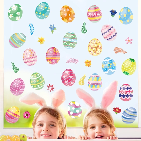 Stickers de Fenêtre Œufs de Pâques Coloré Motif de Lapin Floral Décalcomanies Murales PVC Autocollant Décoration de Maison