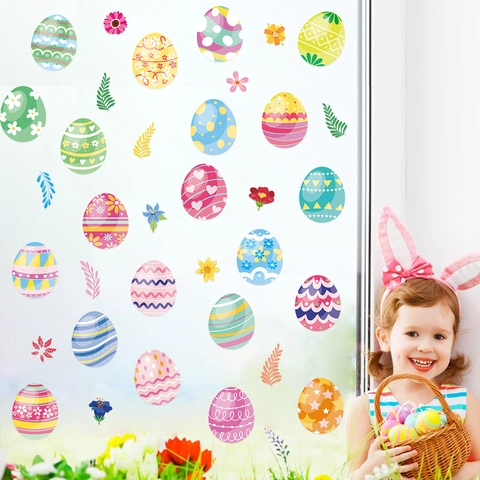 Stickers de Fenêtre Œufs de Pâques Coloré Motif de Lapin Floral Décalcomanies Murales PVC Autocollant Décoration de Maison