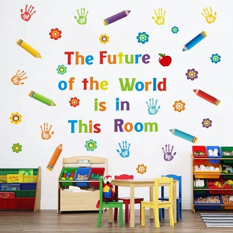 Inspirierende Zitat Wandaufkleber Für Klassenzimmer Bunte Handabdrücke Bleistift PVC Abnehmbare Aufkleber Kinderzimmer Wanddeko