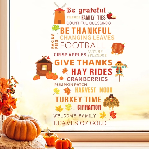 Autumn Thanksgiving Wall Stickers PVC Maple Leaf Pumpkin Turkey Static Window Cling For Home Harvest Festival Decoration