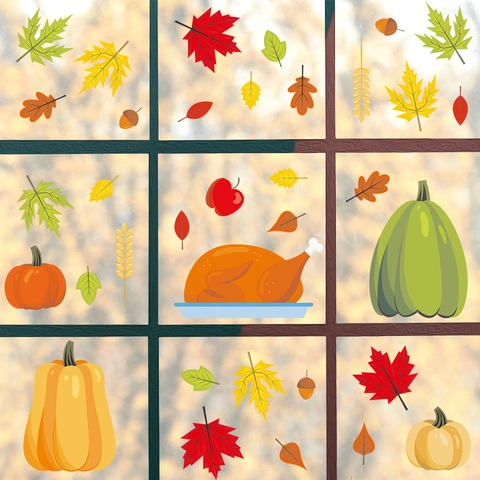 Autumn Thanksgiving Wall Stickers PVC Maple Leaf Pumpkin Turkey Static Window Cling For Home Harvest Festival Decoration