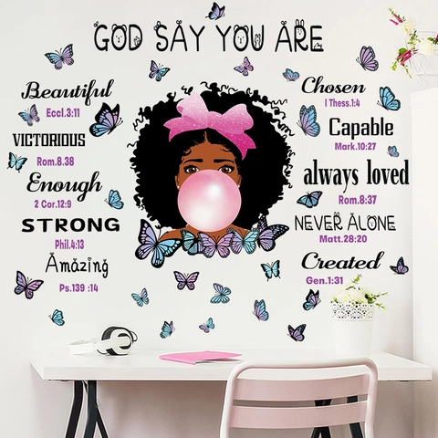 Inspirational God Says You Are Wall Stickers For Kids Room Decor Afro Girl Butterfly Quotes Religious Bible Verse PVC Removable Wall Decal