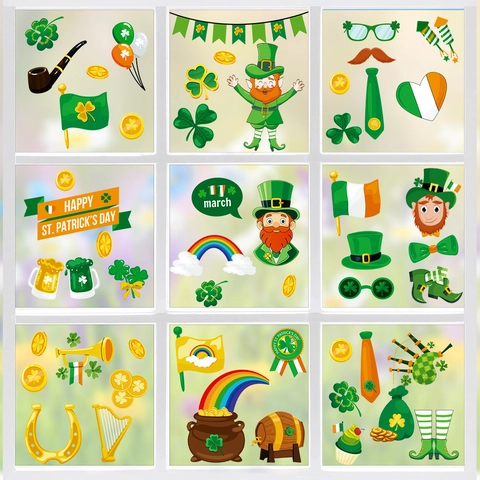 St. Patrick's Day Window Clings PVC Shamrock Gnome Rainbow Gold Coins Stickers For Irish Festival Glass Wall Decoration