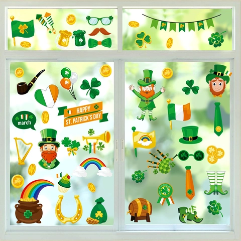 St. Patrick's Day Window Clings PVC Shamrock Gnome Rainbow Gold Coins Stickers For Irish Festival Glass Wall Decoration