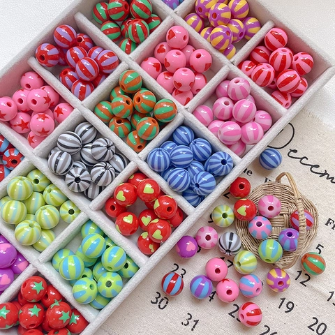 Circus Party Colorful Striped Acrylic Beads Heart Star Round Loose Beads For DIY Phone Chain Jewelry Making Craft Accessories