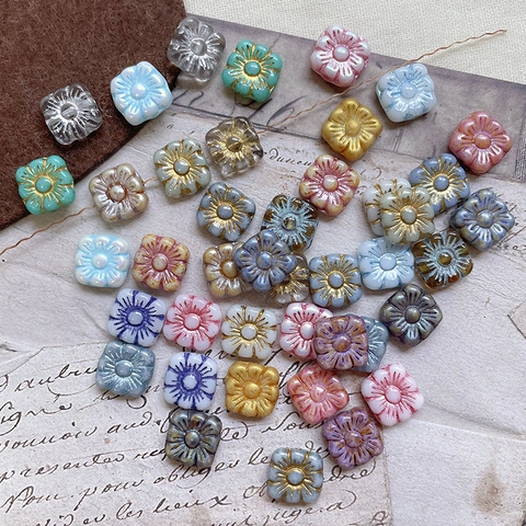 Vintage Hawaiian Flower Square Glass Beads Picasso Style Retro Electroplated Spacer Beads For DIY Jewelry Making Bracelet Necklace
