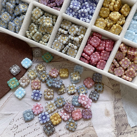 Vintage Hawaiian Flower Square Glass Beads Picasso Style Retro Electroplated Spacer Beads For DIY Jewelry Making Bracelet Necklace