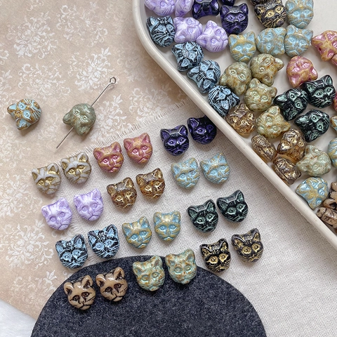 Vintage Czech Style Cat Head Glass Beads Double Sided Lampwork Loose Beads For DIY Jewelry Making Bracelet Necklace Accessories