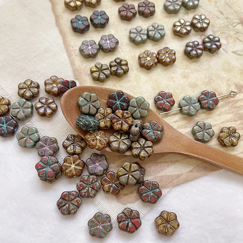 Vintage Czech Lampwork Glass Flower Beads Picasso Edging Six Petal Floral Loose Beads For DIY Bracelet Jewelry Making