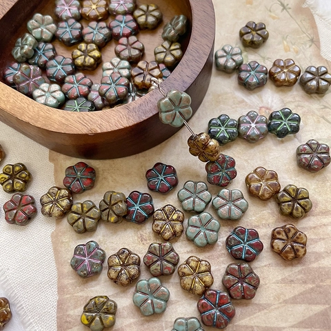 Vintage Czech Lampwork Glass Flower Beads Picasso Edging Six Petal Floral Loose Beads For DIY Bracelet Jewelry Making