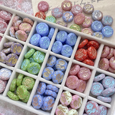 Czech Glass Margaret Flower Beads Vintage Gilded Embossed Round Disc Loose Beads For DIY Jewelry Making Crafts Findings