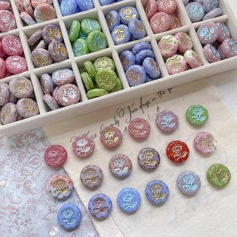 Czech Glass Margaret Flower Beads Vintage Gilded Embossed Round Disc Loose Beads For DIY Jewelry Making Crafts Findings