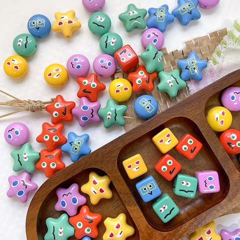 Cartoon Expression Acrylic Beads For DIY Jewelry Making Colorful Star Square Round Loose Beads For Phone Chain Accessory