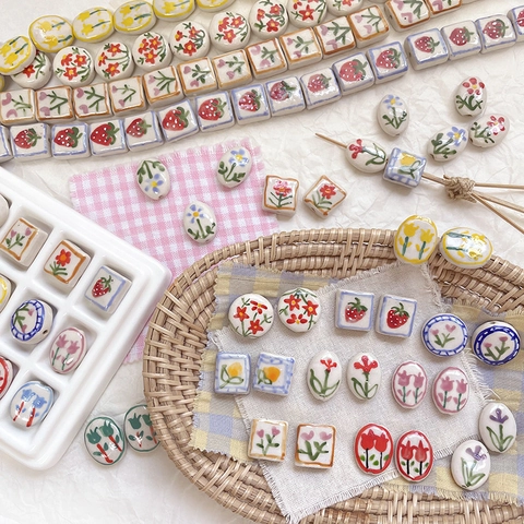 Handmade Ceramic Flower Beads Strawberry Tulip Pattern DIY Jewelry Making Accessories Square Round Oval Painted Porcelain Beads