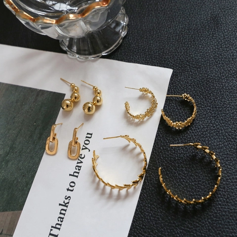 Gold Plated Brass C-Shaped Hoop Earrings S925 Sterling Silver Post Floral Wheat Ear Design DIY Earring Jewelry Findings