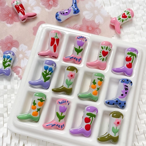 Cowboy Boot Shape Glass Beads Hand Painted Fruits Flower Pattern Lampwork Loose Beads For DIY Bracelet Jewelry Making