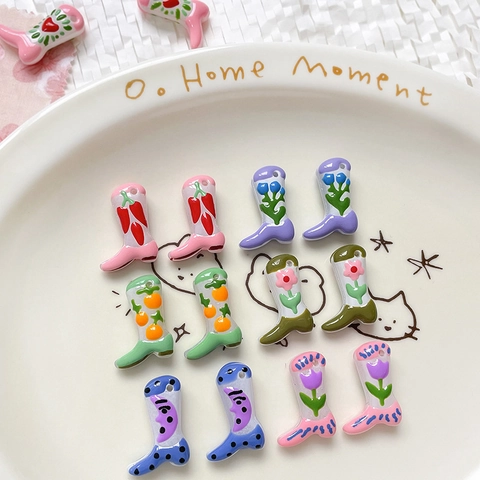 Cowboy Boot Shape Glass Beads Hand Painted Fruits Flower Pattern Lampwork Loose Beads For DIY Bracelet Jewelry Making