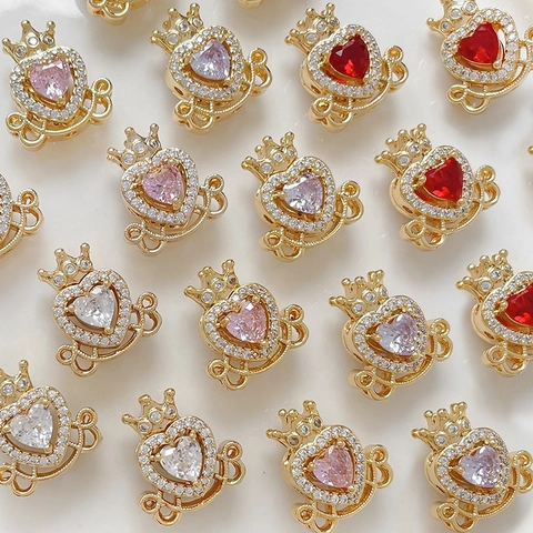 18K Gold Plated Copper Zirconia Heart Carriage Crown Spacer Beads For DIY Bracelet Necklace Jewelry Making Findings