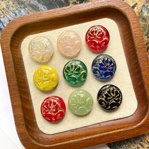 Cuentas de Vidrio Talladas de Peonía Vintage Trazado Dorado Relieve Floral Cuentas Sueltas para Hacer Joyas de Bricolaje