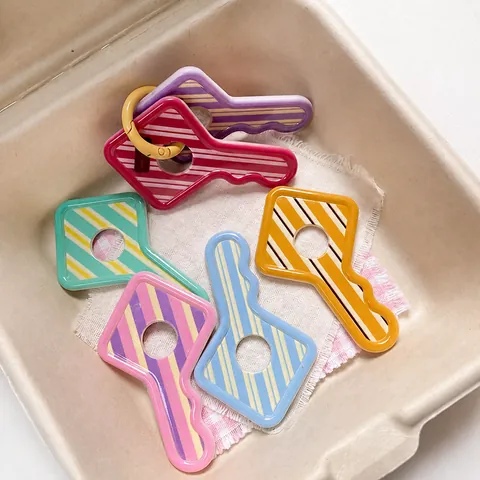 Acrylic Key Shape Pendant Double Sided Printed Striped Pattern DIY Jewelry Accessories Colorful Inspirational Quotes Keychain Decor For Kids