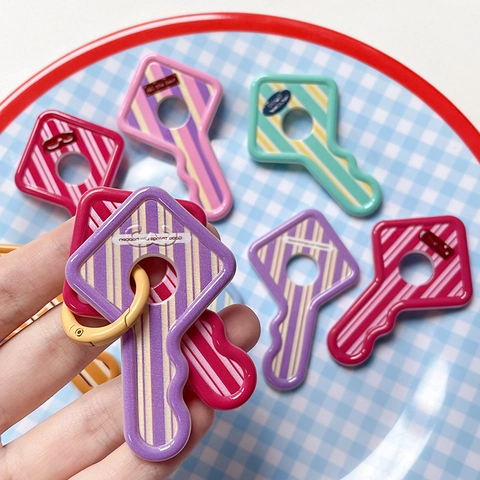 Acrylic Key Shape Pendant Double Sided Printed Striped Pattern DIY Jewelry Accessories Colorful Inspirational Quotes Keychain Decor For Kids
