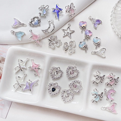 DIY Schmuckherstellung Legierung Strass Anhänger Herz Stern Mond Kleeblatt Formen Pink Violett Silber Charms Für Damen Zubehör